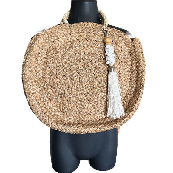 Vintage bag woven natural fiber rafia large round shape tassel embellishment - Picture 8 of 8